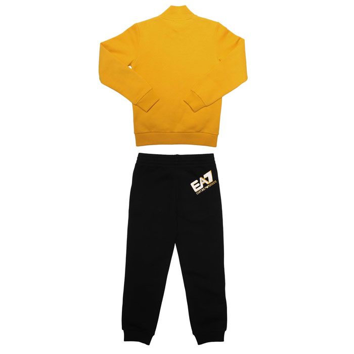 Infant Boys Emporio Armani Tracksuit in yellow.<BR><BR>Top:<BR><BR>- Ribbed collar.<BR>- Full zip fastening.<BR>- Logo print at the chest<BR>- High neck.<BR>- Long sleeves with ribbed cuffs and hem.<BR>- Slip pockets to the sides.<BR>- Main material: 84% Cotton.  16% Elastane.  Machine washable. <BR><BR>Bottoms: <BR><BR>- Elasticated waist with inner drawcord.<BR>- Front pockets.<BR>- Elasticated cuffs.<BR>- Branding to the back of the pants.<BR>- Main material: 84% Cotton.  16% Elastane . Machine washable. <BR>- Ref: V53BJ07Z26BC