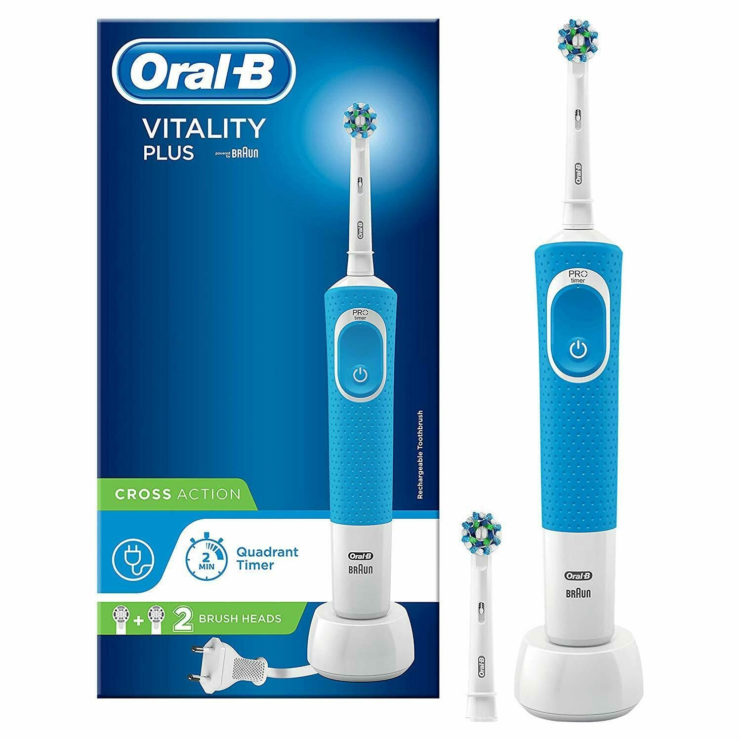 Oral-B Vitality Plus Cross Action Electric Toothbrush With 1 Handle & 2 Brush Head

Rechargeable brush with one mode and one brush head - 2D cleaning, ships with 2 pin plug. The Oral-B vitality electric toothbrush provides a clinically proven clean versus a regular manual toothbrush. The professionally inspired design of the CrossAction toothbrush head surrounds each tooth with bristles angled at 16 degrees and 2D cleaning action oscillates and rotates for better plaque removal than a regular manual toothbrush. This pack includes two CrossAction toothbrush heads. An in-handle timer helps you brush for a dentist-recommended 2 minutes. A 2 pin cable for charging via 2 pin shaving socket is included. Compatible with the following replacement toothbrush heads: Cross Action, 3D White, Sensi Ultrathin, Sensitive Clean, Precision Clean, Floss Action, Tri Zon, Dual Clean, Power Tip, Ortho Care.

Discover the next level of oral care technology, brought to you by Oral-B, a worldwide leader in toothbrushes *. Each Oral-B electric toothbrush provides a better clean vs. a regular manual toothbrush. Find your electric toothbrush from Oral-B - the #1 dentist used and recommended brand, worldwide. **

* Based on surveys from 2014 of a representative worldwide sample of dentists carried out for P&G regularly

Oral-B Pro Vitality Cross Action Electric Rechargeable Toothbrush
The Oral-B Vitality electric toothbrush provides a clinically proven clean vs. a regular manual toothbrush. The professionally inspired design of the Cross Action toothbrush head surrounds each tooth with bristles angled at 16 degrees and 2D cleaning action oscillates and rotates for better plaque removal than a regular manual toothbrush. An in-handle timer helps you brush for a dentist-recommended 2 minutes and most of all, it�s brought to you by Oral-B - the #1 brand used by dentists worldwide.

The professionally inspired design of the toothbrush head surrounds each tooth as 2D cleaning action oscillates and rotates to remove more plaque than a regular manual toothbrush.
	
A helpful on-handle timer buzzes every 30 seconds to let you know when it�s time to focus on brushing the next quadrant of your mouth. The electric toothbrush also alerts when you have brushed for the dentist-recommended time of 2 minutes.
	
Daily clean - comprehensive everyday cleaning.
	
Oral-B offers a variety of replacement toothbrush heads to fit your personal oral health needs. The Oral-B Vitality electric toothbrush is compatible with a wide range of Oral-B electric toothbrush heads so you can get the clean you need, every time. Remember to change your toothbrush head as dentists recommend, every three or four months or when bristles are faded and worn to maintain a high level of clean.
Oral-B Pro Vitality Cross Action electric toothbrush
2D vs 3D Action

The Oral-B Vitality electric toothbrush features 2D cleaning action that cleans in two ways - oscillates and rotates - to remove more plaque than a regular manual toothbrush. However, when you upgrade to our other electric toothbrushes, you can experience the superior cleaning power of 3D cleaning action that oscillates, rotates and pulsates for up to 100 per cent more plaque removal.

Directions : How To Use Your electric toothbrush? Wet the brush head and apply toothpaste. Place the toothbrush in the mouth and turn on. Guide the brush head slowly from tooth to tooth. Hold the toothbrush head in place for a few seconds before moving on to the next tooth. Brush the gums as well as the teeth, first the outsides, then the insides, finally the chewing surfaces.

Box Contains : 1 rechargeable electric toothbrush handle, 2 toothbrush heads, 1 toothbrush charger(UK 2 pin Bathroom Plug)

Safety Warning : Periodically check the cord for damage. If the cord is damaged, take the charging unit to an Oral-B Braun Service Centre. A damaged or non-functioning unit must no longer be used. Not intended for use by children under age of 3 years. This appliance is not intended for use by children or persons with reduced physical, sensory or mental capabilities, unless they are supervised by a person responsible for their safety. In general, we recommend that you keep the appliance out of the reach of children. Children should be supervised to ensure they do not play with the appliance. If the product is dropped, the brush head should be replaced before the next use, even if no damage is visible. Do not place or store the charger where it can fall or be pulled into a tub or sink. Do not place the charger in water or other liquid. Do not reach for a charger that has fallen into water. Unplug immediately. Do not modify or repair the product. This may cause fire, electric shock or injury. Consult your dealer for repairs or contact an Oral-B Service Centre. Do not disassemble the product except when disposing of the battery. When taking out the battery for disposal, use caution not to short the positive (+) and negative (-) terminals. Do not insert any object into any opening of the appliance / charging unit. Do not touch the power plug with wet hands. This can cause electric shock. When unplugging, always hold the power plug instead of the cord. Use this product only for its intended use as described. Do not use attachments which are not recommended by the manufacturer. If you are undergoing treatment for any oral care condition, consult your dental professional prior to use.

Not Available for the following postcodes:
AB, BT, DB99, DD9-11, EH35-46, FK18-21, AB, BT, DB99, GY, HS, IM, IV, KA27, KA28, KW, KY9-16, PA, PH, PO30-41, TD, TR21-25, ZE