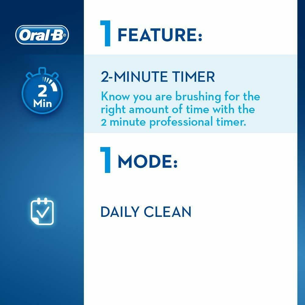 Oral-B Vitality Plus Cross Action Electric Toothbrush With 1 Handle & 2 Brush Head

Rechargeable brush with one mode and one brush head - 2D cleaning, ships with 2 pin plug. The Oral-B vitality electric toothbrush provides a clinically proven clean versus a regular manual toothbrush. The professionally inspired design of the CrossAction toothbrush head surrounds each tooth with bristles angled at 16 degrees and 2D cleaning action oscillates and rotates for better plaque removal than a regular manual toothbrush. This pack includes two CrossAction toothbrush heads. An in-handle timer helps you brush for a dentist-recommended 2 minutes. A 2 pin cable for charging via 2 pin shaving socket is included. Compatible with the following replacement toothbrush heads: Cross Action, 3D White, Sensi Ultrathin, Sensitive Clean, Precision Clean, Floss Action, Tri Zon, Dual Clean, Power Tip, Ortho Care.

Discover the next level of oral care technology, brought to you by Oral-B, a worldwide leader in toothbrushes *. Each Oral-B electric toothbrush provides a better clean vs. a regular manual toothbrush. Find your electric toothbrush from Oral-B - the #1 dentist used and recommended brand, worldwide. **

* Based on surveys from 2014 of a representative worldwide sample of dentists carried out for P&G regularly

Oral-B Pro Vitality Cross Action Electric Rechargeable Toothbrush
The Oral-B Vitality electric toothbrush provides a clinically proven clean vs. a regular manual toothbrush. The professionally inspired design of the Cross Action toothbrush head surrounds each tooth with bristles angled at 16 degrees and 2D cleaning action oscillates and rotates for better plaque removal than a regular manual toothbrush. An in-handle timer helps you brush for a dentist-recommended 2 minutes and most of all, it�s brought to you by Oral-B - the #1 brand used by dentists worldwide.

The professionally inspired design of the toothbrush head surrounds each tooth as 2D cleaning action oscillates and rotates to remove more plaque than a regular manual toothbrush.
	
A helpful on-handle timer buzzes every 30 seconds to let you know when it�s time to focus on brushing the next quadrant of your mouth. The electric toothbrush also alerts when you have brushed for the dentist-recommended time of 2 minutes.
	
Daily clean - comprehensive everyday cleaning.
	
Oral-B offers a variety of replacement toothbrush heads to fit your personal oral health needs. The Oral-B Vitality electric toothbrush is compatible with a wide range of Oral-B electric toothbrush heads so you can get the clean you need, every time. Remember to change your toothbrush head as dentists recommend, every three or four months or when bristles are faded and worn to maintain a high level of clean.
Oral-B Pro Vitality Cross Action electric toothbrush
2D vs 3D Action

The Oral-B Vitality electric toothbrush features 2D cleaning action that cleans in two ways - oscillates and rotates - to remove more plaque than a regular manual toothbrush. However, when you upgrade to our other electric toothbrushes, you can experience the superior cleaning power of 3D cleaning action that oscillates, rotates and pulsates for up to 100 per cent more plaque removal.

Directions : How To Use Your electric toothbrush? Wet the brush head and apply toothpaste. Place the toothbrush in the mouth and turn on. Guide the brush head slowly from tooth to tooth. Hold the toothbrush head in place for a few seconds before moving on to the next tooth. Brush the gums as well as the teeth, first the outsides, then the insides, finally the chewing surfaces.

Box Contains : 1 rechargeable electric toothbrush handle, 2 toothbrush heads, 1 toothbrush charger(UK 2 pin Bathroom Plug)

Safety Warning : Periodically check the cord for damage. If the cord is damaged, take the charging unit to an Oral-B Braun Service Centre. A damaged or non-functioning unit must no longer be used. Not intended for use by children under age of 3 years. This appliance is not intended for use by children or persons with reduced physical, sensory or mental capabilities, unless they are supervised by a person responsible for their safety. In general, we recommend that you keep the appliance out of the reach of children. Children should be supervised to ensure they do not play with the appliance. If the product is dropped, the brush head should be replaced before the next use, even if no damage is visible. Do not place or store the charger where it can fall or be pulled into a tub or sink. Do not place the charger in water or other liquid. Do not reach for a charger that has fallen into water. Unplug immediately. Do not modify or repair the product. This may cause fire, electric shock or injury. Consult your dealer for repairs or contact an Oral-B Service Centre. Do not disassemble the product except when disposing of the battery. When taking out the battery for disposal, use caution not to short the positive (+) and negative (-) terminals. Do not insert any object into any opening of the appliance / charging unit. Do not touch the power plug with wet hands. This can cause electric shock. When unplugging, always hold the power plug instead of the cord. Use this product only for its intended use as described. Do not use attachments which are not recommended by the manufacturer. If you are undergoing treatment for any oral care condition, consult your dental professional prior to use.

Not Available for the following postcodes:
AB, BT, DB99, DD9-11, EH35-46, FK18-21, AB, BT, DB99, GY, HS, IM, IV, KA27, KA28, KW, KY9-16, PA, PH, PO30-41, TD, TR21-25, ZE