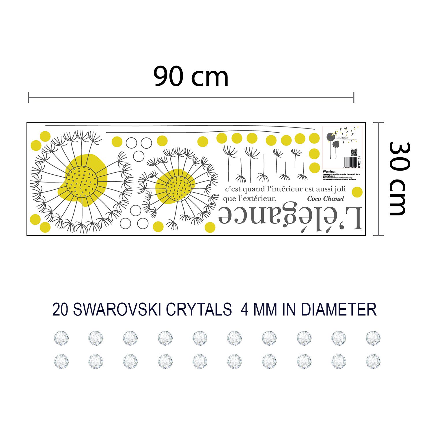 Walplus French Quote Yellow Dandelion Wall Sticker with Swarovski Crystals