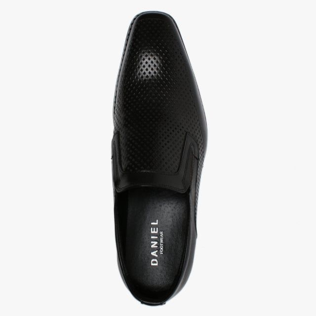 The Daniel Xanthis leather Laser Cut Loafers will be sure to get you noticed. This dress style is crafted from a premium leather upper with leather lining and a man-made sole. A classic easy to wear slip on style features concealed elasticated inserts. The laser cut design adds detail to the upper provides the perfect contrast to the smooth panels. Signature Daniel branding is seen on the foot-bed.