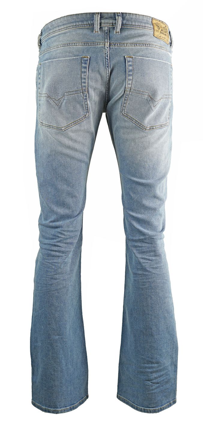 Diesel Zatiny R4MR8 Jeans. Diesel Zatiny Bootcut Jeans. Button Fly. 93% Cotton, 5% Polyester, 2% Elastane. Grey Brand Embossed Waistband Badge. Style - Zatiny R4MR8