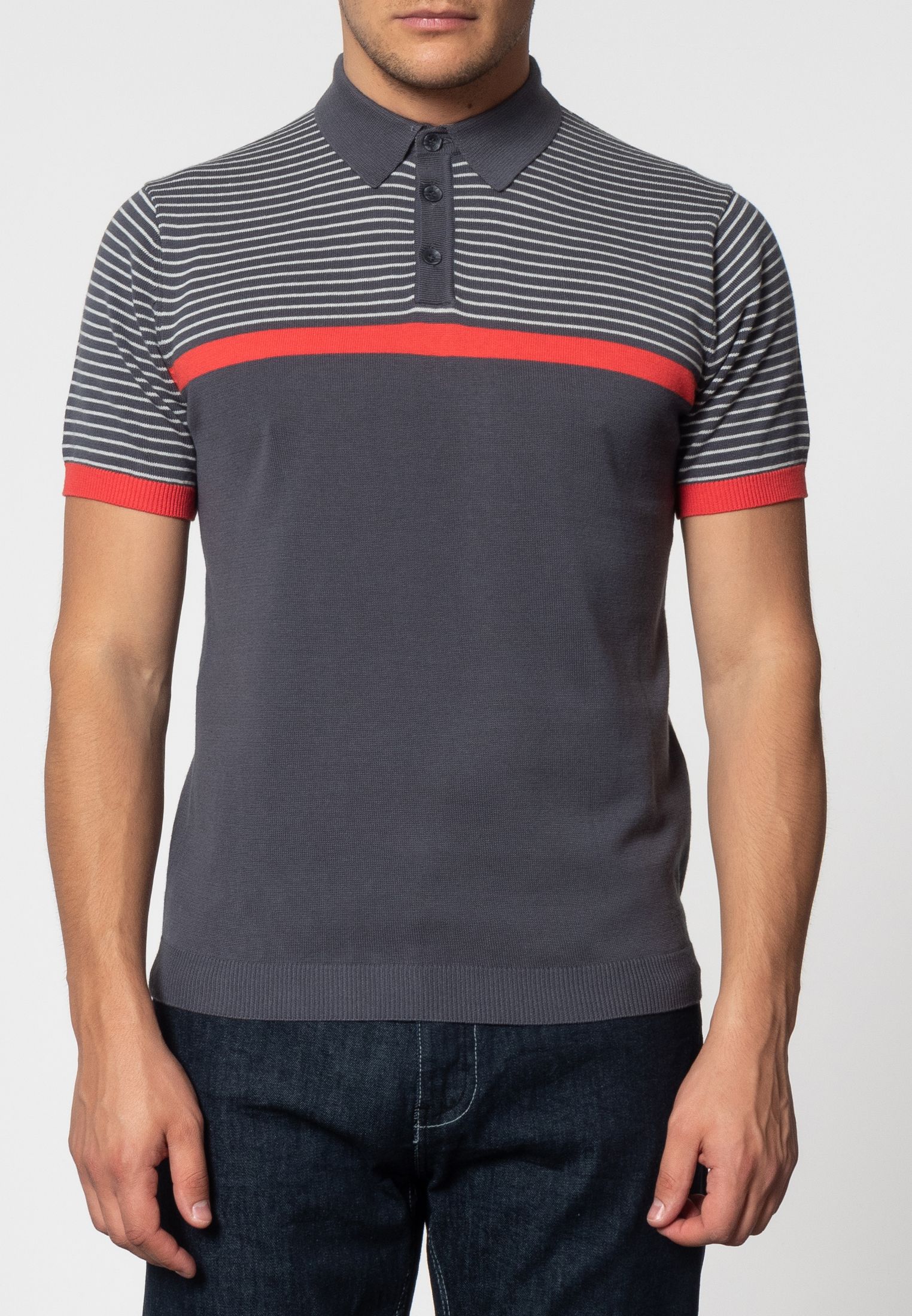 Blake Shoulder Stripe Knit Polo With Ribbed Hem In Charcoal