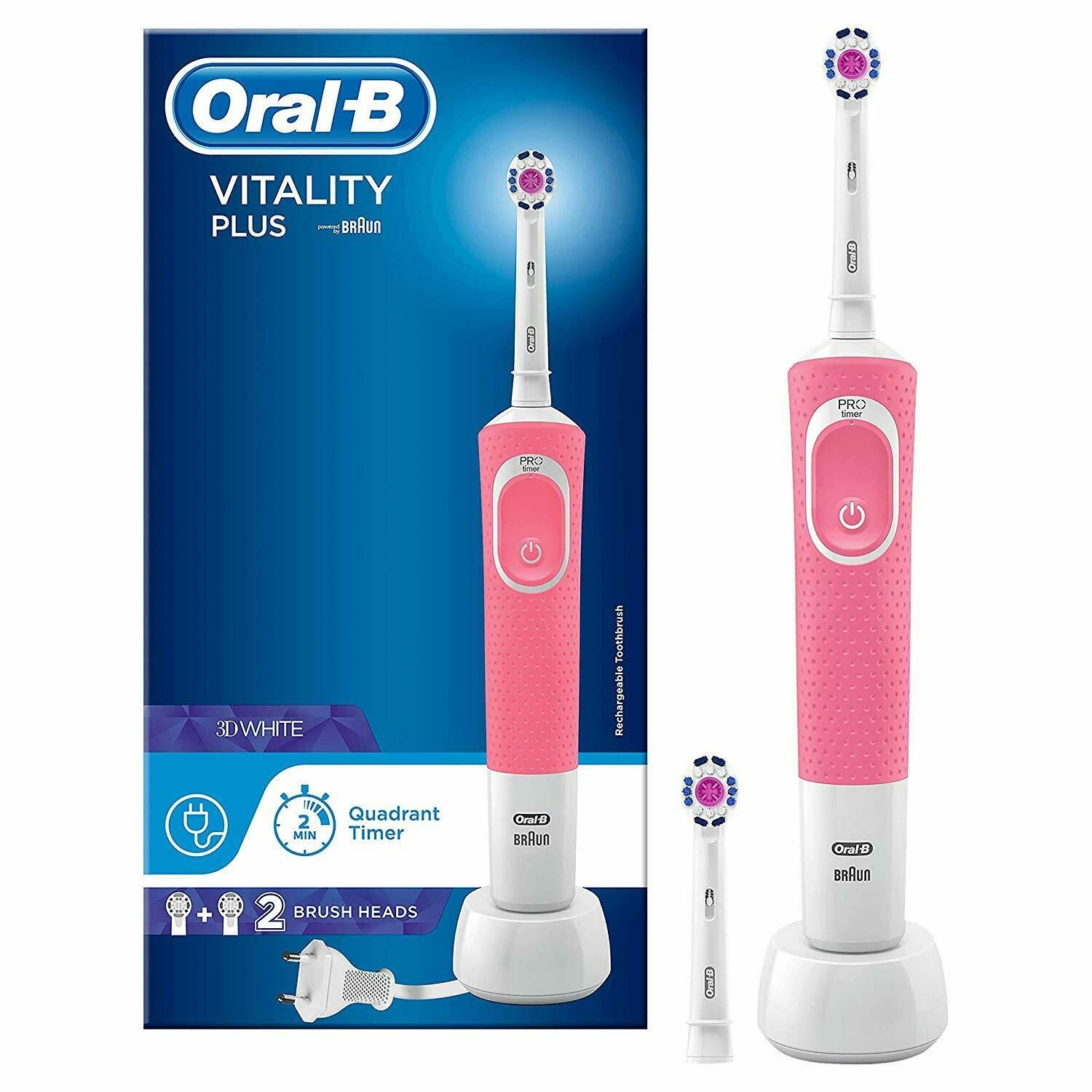 OralB Vitality Plus 3D White Electric Toothbrush 1 Handle With 2 Brush