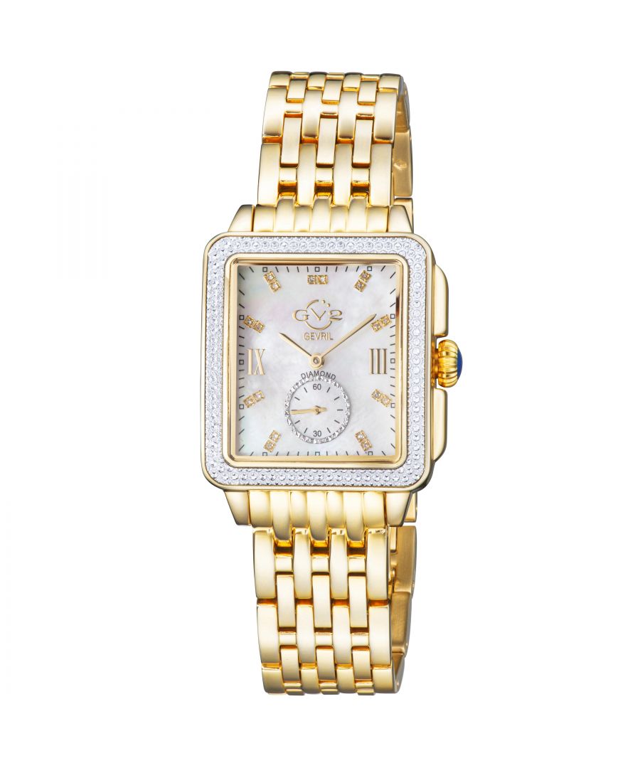 The picturesque city of bari italy provided the inspiration for the popular ladies gv2 bari collection known throughout the world as the city of st nicholas, it is no surprise that the historic town would continue to inspire the designers.\nThe new line extension retains the bari’s sophisticated rectangular mother-of-pearl dial embellished with eighteen glittering diamonds indices; adding a well placed sixty-second sub dial. This bari collection has been fitted with a beautiful pumpkin shape crown topped with a diamond cut bezel case.  gv2 9256b women's bari swiss quartz diamond watch\n\ngv2 women's swiss watch from the bari collection\n37mm square ipyg diamond cut bezel case/ push pull crown\nwhite mop dial with 18 diamonds single cut g/h color\nsecond hand sub dial\nipyg stainless steel bracelet with deployment buckle\nanti-reflective sapphire crystal\nwater resistant to 50 meters/5atm\nswiss quartz movement ronda 1069