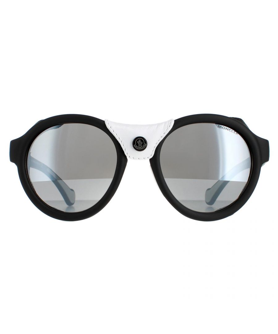 Moncler Round Unisex Matte Black Smoke Mirror  ML0046  Sunglasses are a round style crafted from lightweight acetate . These have removeable leather side inserts for extra protection and the Moncler logo on the temples.