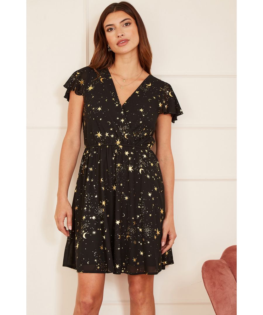 Mela London Womens Black Foil Star Print Wrap Skater Dress - Size 8 UK | Mela London Sale | Discount Designer Brands