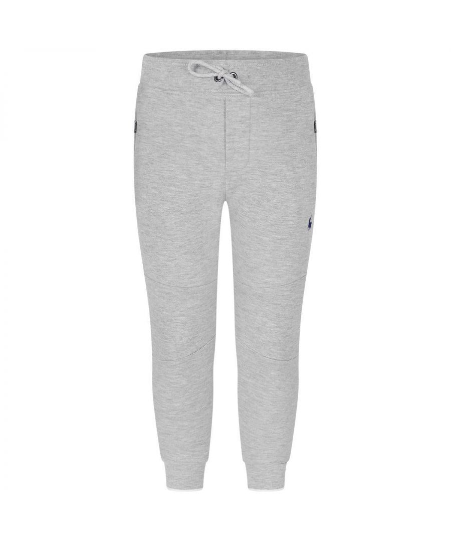Grey cotton pique joggers by Ralph Lauren with a drawstring waistband, two zip pockets and a navy motif to the front.