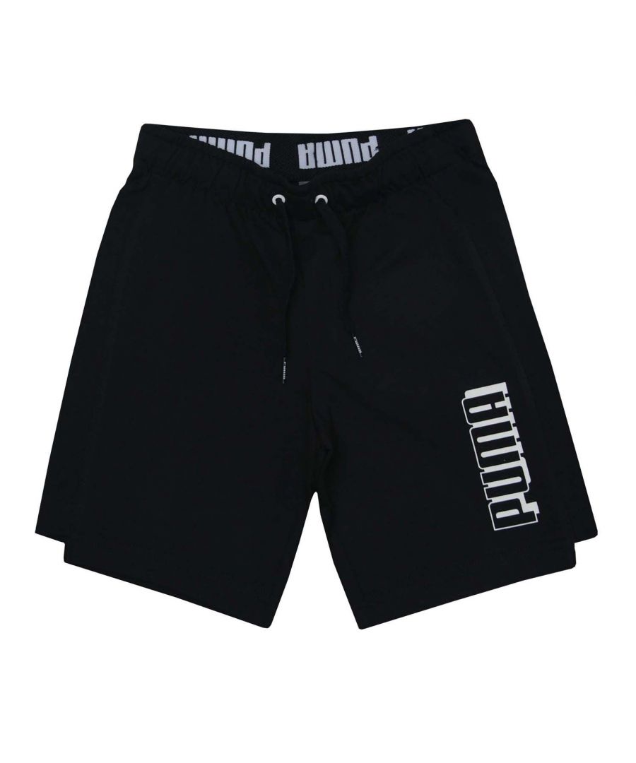 Junior Boys Puma Alpha Shorts in black.- Branded tape patched on elastic waistband with external drawcord.- Graphic rubber print.- Regular fit.- Shell: 100% Cotton.- Ref: 58928001E