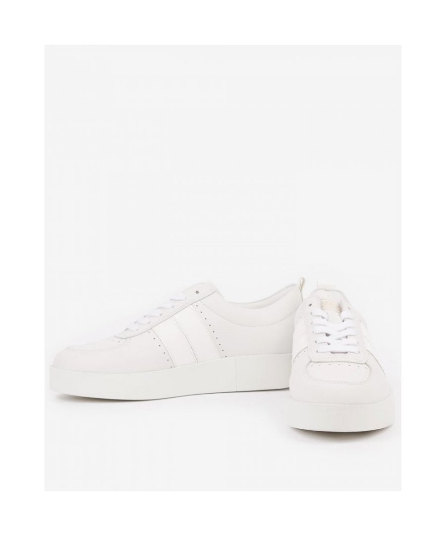 A stylish sneaker with sleek side panels and perforations, the Barbour International Alexa style is a must for casual wardrobes. This lace-up pair features a handy pull tab to the rear and is finished with branding to the tongue.\n\nUpper: 90% Leather, 10% Polyurethane\nLining: 100% Microfibre\nAllow dirt to dry. Brush clean and wipe with a damp cloth. Apply a neutral or colour matched polish. Buff to a shine with a clean cloth.
