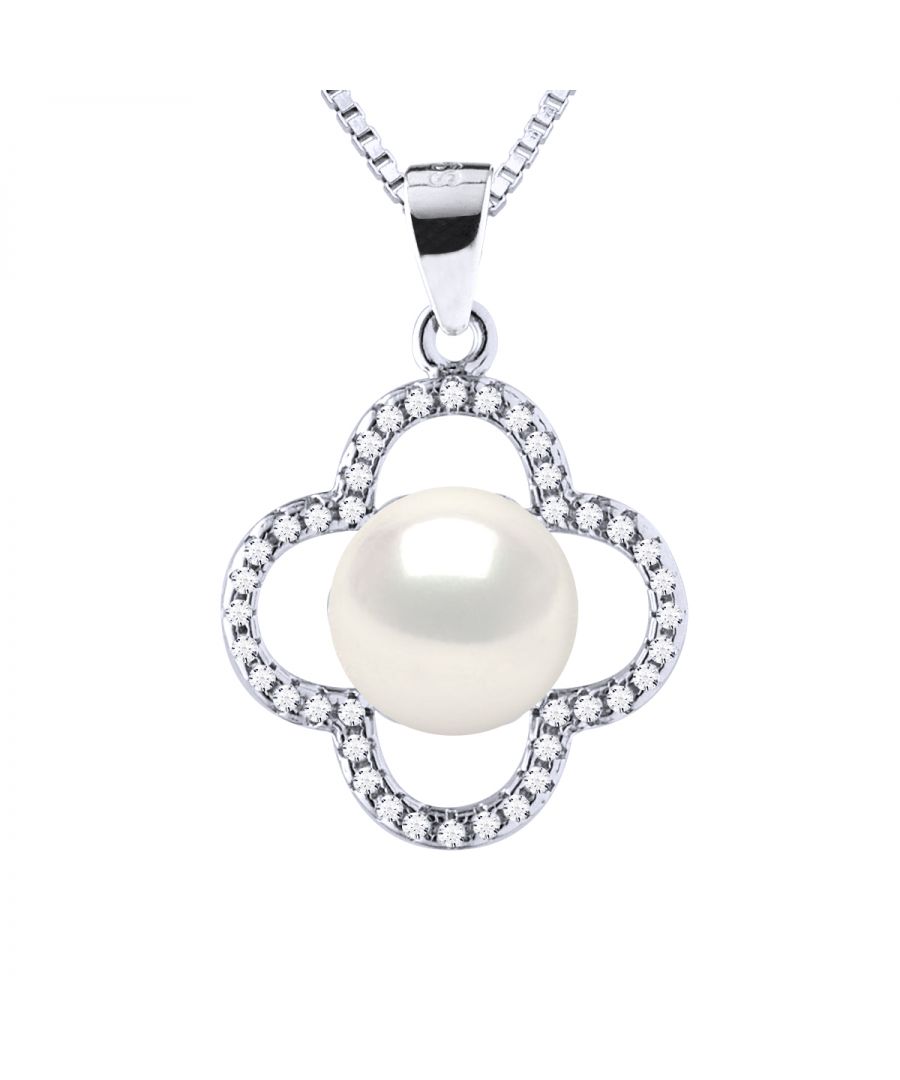 Necklace - Freshwater Pearl button 9-10 mm - Entourage clover pattern paving oxides - Box Chain Rhodium 925 Thousandth - Length: 42 cm - Delivered in a case with a certificate of authenticity and an international guarantee - Our jewelry is manufactured in France.