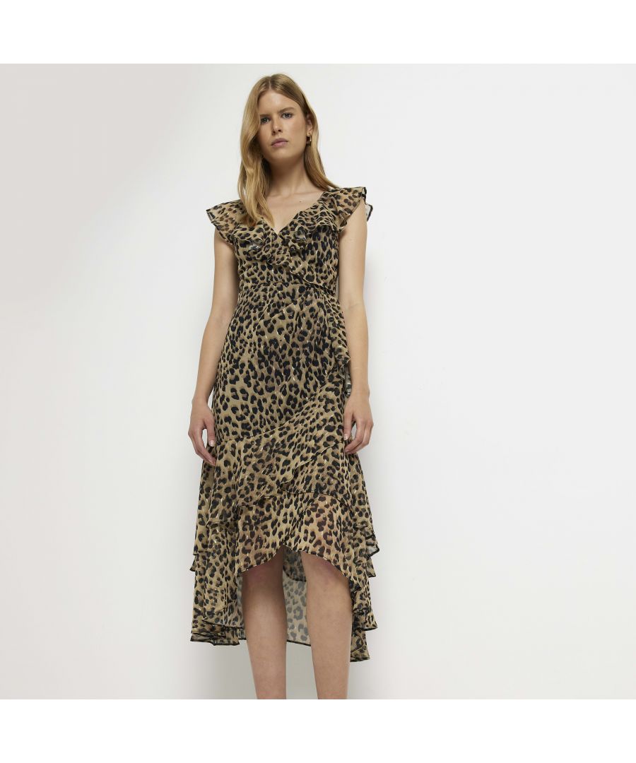 > Brand: River Island> Department: Women> Colour: Brown> Style: Wrap Dress> Size Type: Regular> Material Composition: 99% Polyester 1% Metallic Fibre> Material: Polyester> Pattern: Animal Print> Occasion: Casual> Season: SS22> Sleeve Length: Sleeveless> Neckline: V-Neck> Dress Length: Long