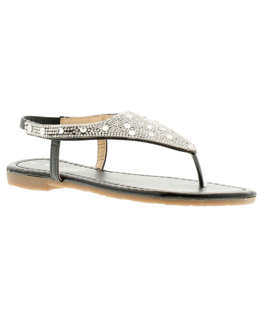 Image for New Ladies/Womens Black Toe Post Sandals With Diamantes
