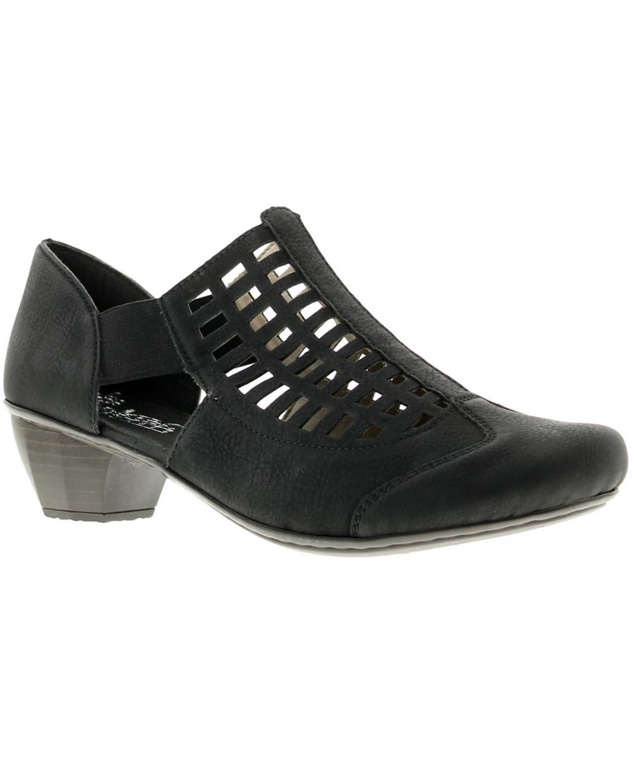 Image for Ladies Synthetic Upper Black Shoes With Open Lattice Front Detail And A Small Heel