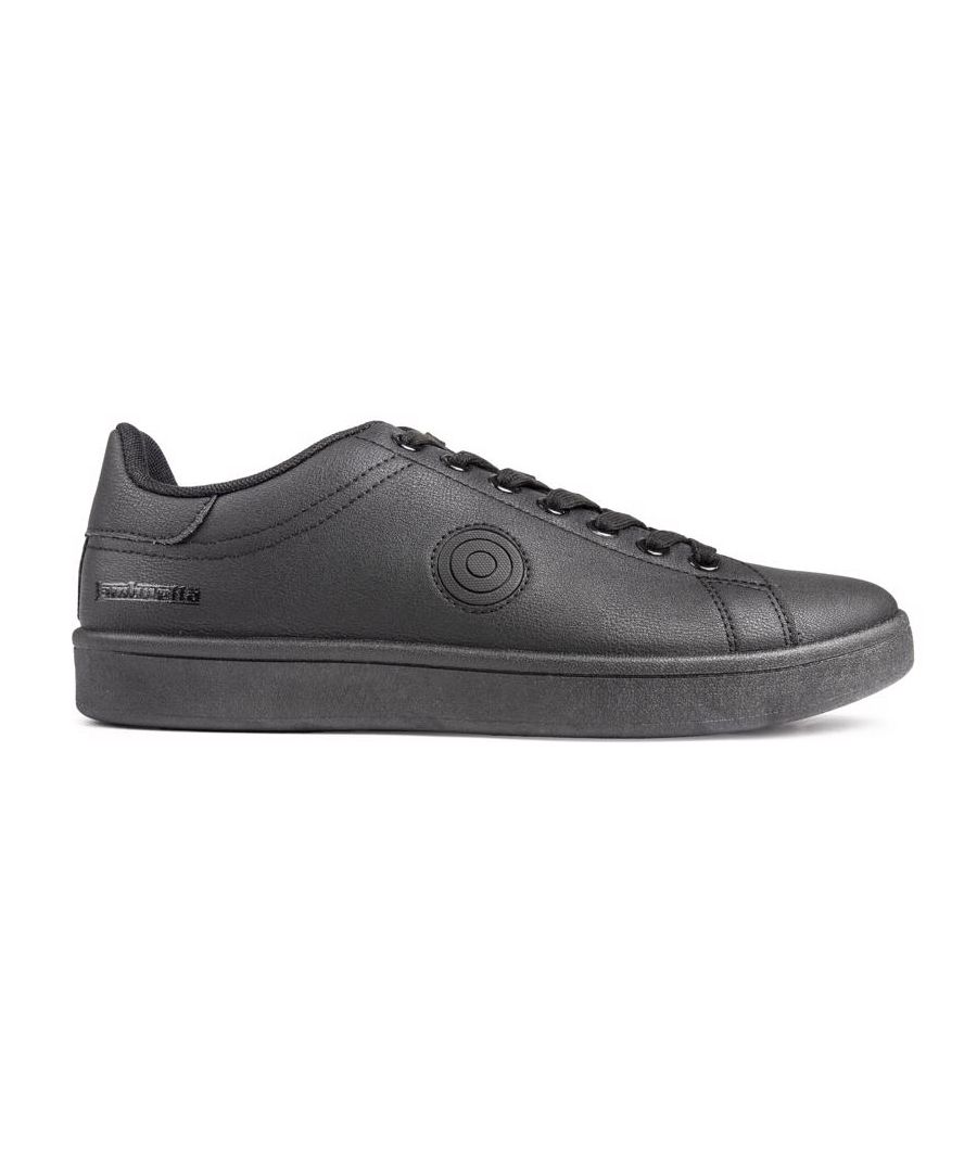Mens black Lambretta pinball trainers, manufactured with polyurethane and a synthetic sole. Featuring: target branding, tonal target branding, branding to tongue and heel and comfort insole.