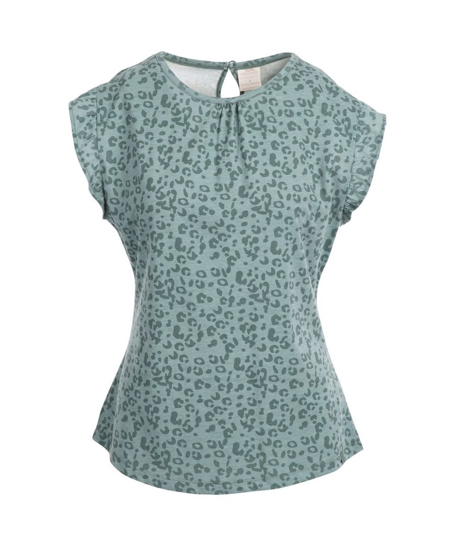 Material: Cotton Blend. Fabric: Plush. Design: All-Over Print, Floral, Pleated. Fastening: Neck Back Button. Neckline: Round Neck. Sleeve-Type: Ruffle, Short-Sleeved. Hem: Straight. Tonal Stitching.