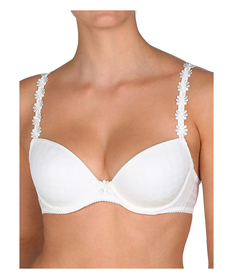 Marie Jo Avero Padded Round Shaped Bra, this beautiful balcony style bra offers natural uplift to the bust for a flattering fit and the underwire is encased in 2 layers of fabric plus a layer of foam to keep you comfortable and supported throughout the day. The padded cups offer a smooth, round shape, whilst the two-tone gingham style fabric overlay creates a romantically chic look. The straps feature delicate lace motif and jewel detailing for a charming touch.  Complete with picot elastic which doesnt dig in and a cute floral motif detail in the center.