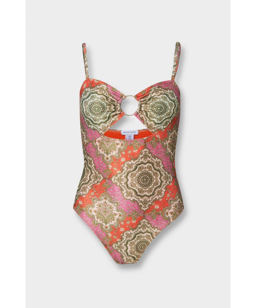 Warehouse Womens Tile Detachable Strap Ring Cut Out Swimsuit - Pink - Size 6 UK