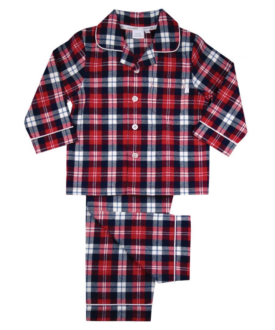 Boys Traditional Red  Curtis Check Pyjamas \nBrushed winter cotton fabric for those chilly nights making them extremely cosy. Very smart indeed!  Your little boy will look SO grown up in these traditional check fabric Pyjamas.  Just like daddy!\n\nIt’s easy to create mini-me looks with our Curtis Check range as coordinating styles are also available in our Adult collection.\n\n100% cotton\nMachine Washable\nSuper soft luxury brushed cotton fabric\nClassic front chest pocket\nEngraved shell effect buttons\nPiping detail