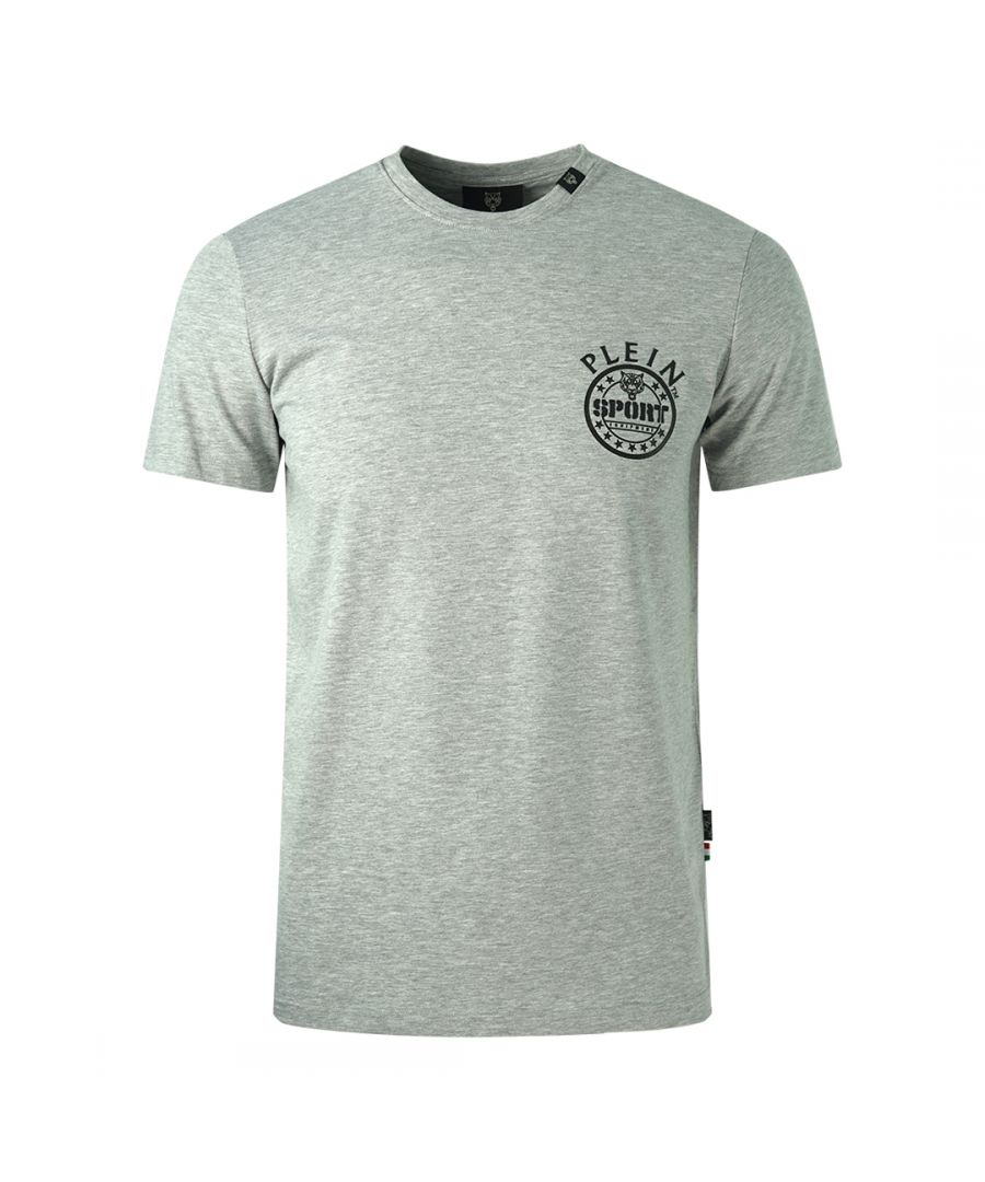Philipp Plein Sport Equipment Logo grijs T-shirt. Philipp Plein sport grijs T-shirt. Stretch pasvorm 95% katoen, 5% elastaan. Gemaakt in Italië. Badges met Plein-merk. Stijlcode: TIPS124 94