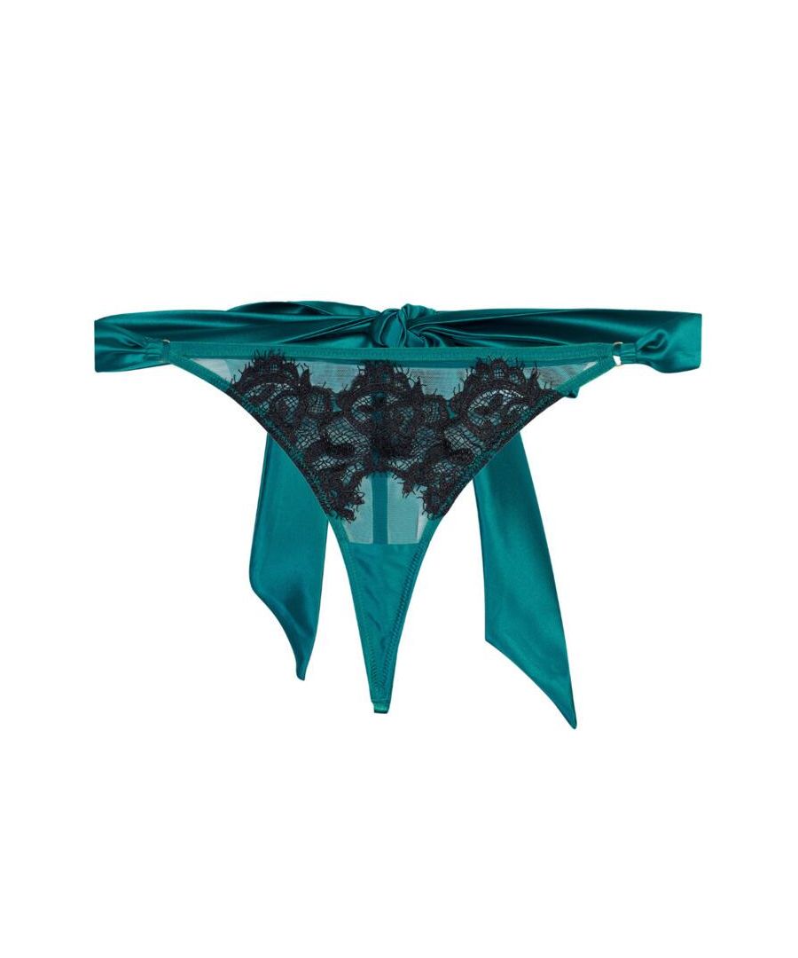 The Anneliese collection by Playful Promises flaunts luxury risqué lingerie in statement seductive designs. This thong has an ultra-sexy style with satin straps that adorn the hips and fasten in a bold large bow at the back. The premium sheer mesh front with delicate lace detail adds a feminine finish whilst seductively showing a hint of skin. For a sexy coordinated look, wear with matching lingerie from the Anneliese range by Playful Promises.\n\nSeductive satin tie bow\nPremium delicate lace detail\nSexy minimal coverage\nLow-rise waist\nComposition: Main: 92% Polyester | 8% Elastane\nComposition: Embroidery Lace: 100% Polyester\nComposition: Net Mesh: 100% Polyester\nComposition: Gusset Liner: 100% Cotton\n\nListed in UK sizes