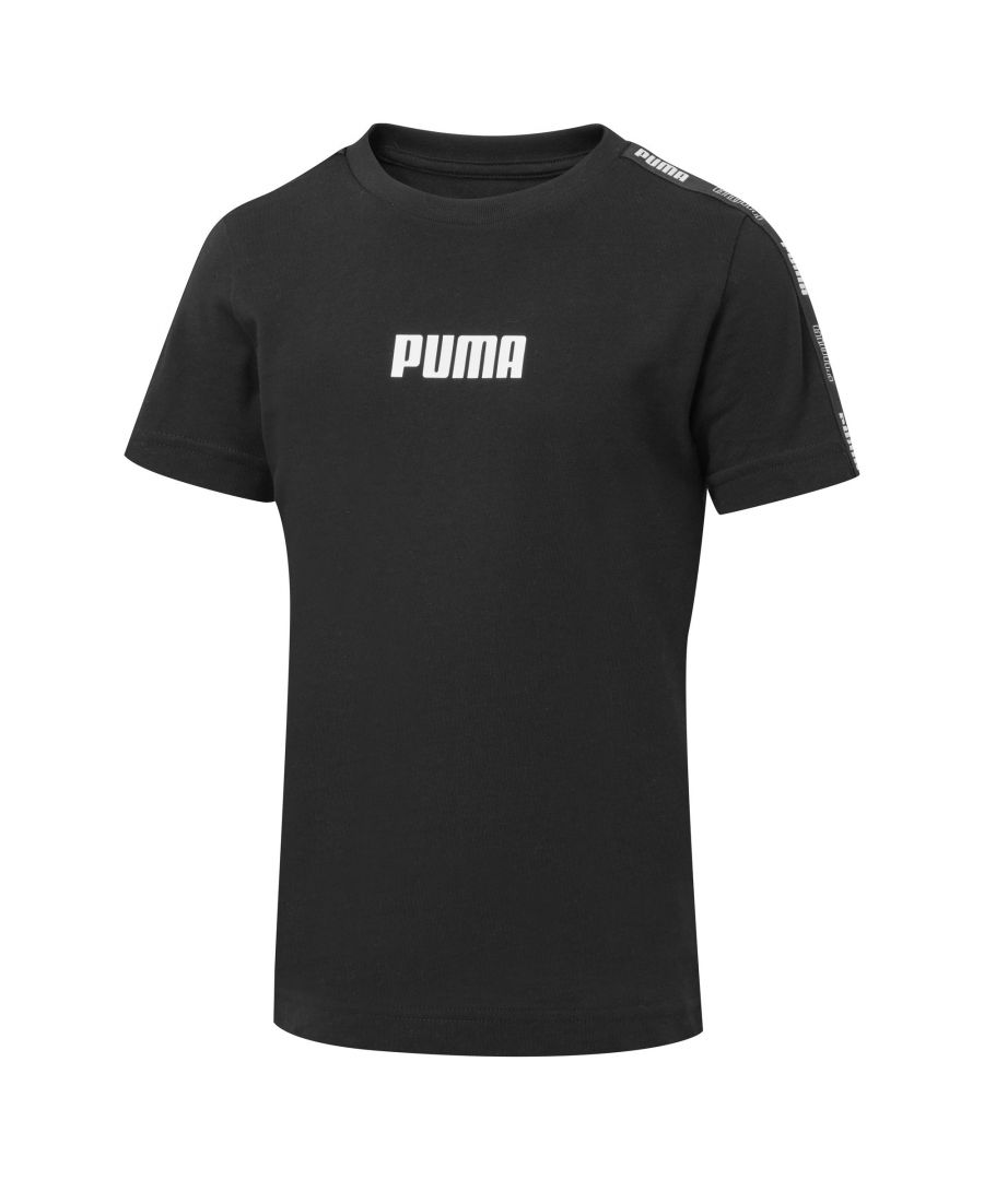 Athletic PUMA DNA meets comfy, casual style. Older kids can throw on the Tape Tee and conquer the day. DETAILS Regular fitCrew neckPUMA branding details