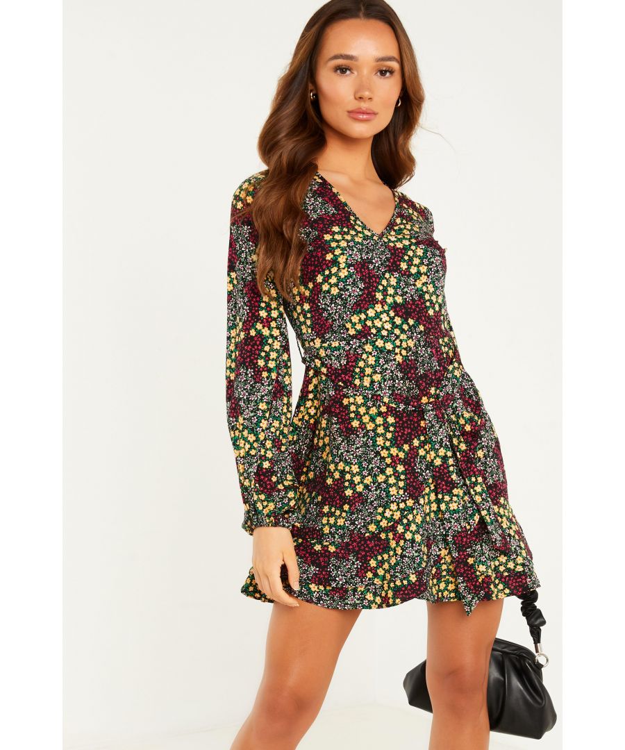 quiz navy and pink floral wrap dress