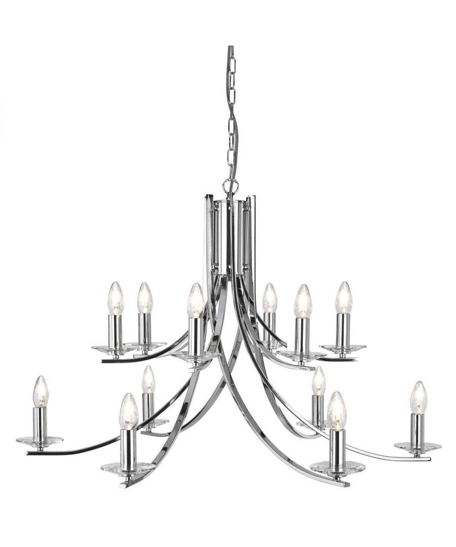 This is a modern design candelabra style collection which is sure to provide ample lighting and a positive addition to the door at the same time. The squared arms are twisted in and out of each other, creating an interesting fitting which is sure to add class and style to the room. Available in a choice of sizes and finishes, the range is sure to offer the perfect fitting for your room. This twelve light ceiling light is also available in eight light and five light versions, as well as a matching wall light . All fittings are also available in satin silver and antique brass. | Finish: Chrome | IP Rating: IP20 | Height (cm): 112 | Diameter (cm): 88 | No. of Lights: 12 | Lamp Type: E14 | Dimmable: Yes | Wattage (max): 60 | Weight (kg): 5.6 | Class: 1 (Earthed) | Bulb Included: No