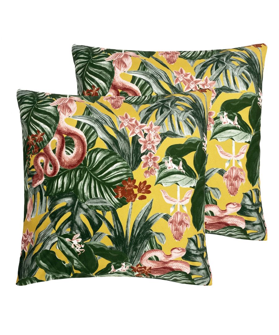Get lost amongst the tropical floral jungle with the Medinilla outdoor cushion. Delve deep amongst the tropical foliage to discover an exotic array of snakes hiding in their natural habitat. The perfect addition to your garden!