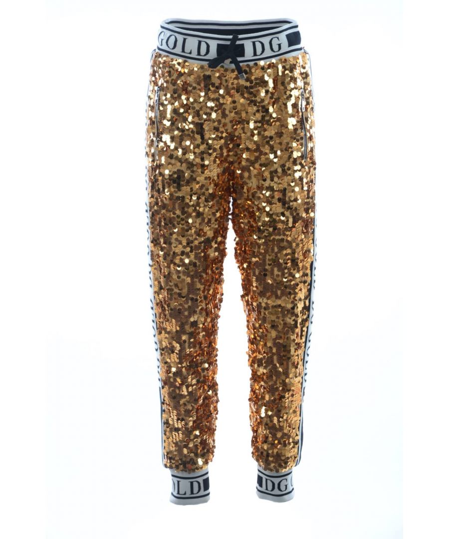 Gold Sequins\nElastic Band 'DG GOLD' Printed Waist and Bottom Legs\nZippe Pockets on Sides\nFTBBIT FLSA8\n100% Polyester