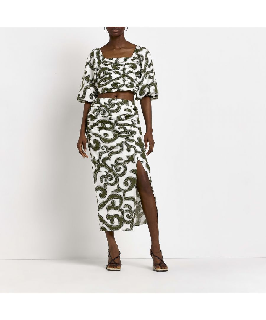 > Brand: River Island> Department: Women> Colour: Green> Type: Skirt> Style: Midi> Size Type: Regular> Material Composition: 87% Cotton 13% Linen> Occasion: Casual> Pattern: Paisley> Material: Cotton> Rise: Mid> Skirt Length: Long> Season: AW22