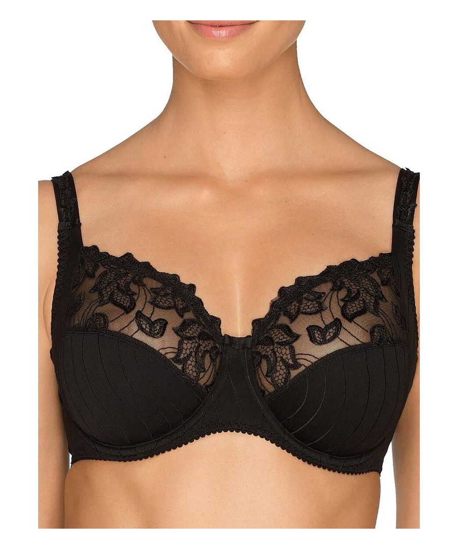Prima Donna Deauville - a bra that is perfect for every day wear.  This 3 section full cup high cut gore bra gives the breast full coverage. The 3 section cup, high side support and underwiring give a lift and forward project your bust, whilst also giving support. With the top section of the bra being semi sheer, with subtle but equally beautiful embroidery that carries on up the adjustable straps, it adds a touch of class to any lingerie drawer. The perfect bra for difficult breasts.