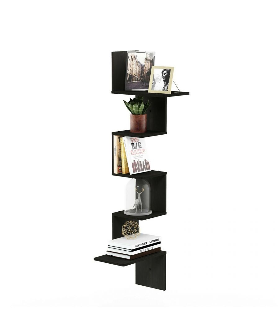 - Furinno Rossi Modern 5-Tier Wall Floating Corner Shelf is manufactured from MDF material that gives it additional durability and extended life span.\n- Comes in multiple colors for easy customization, Espresso & French Oak Grey.\n- The floating shelf has a modern design that will suit almost any decor.\n- It is also decorative and fuctional for your home, office, or dorm room.