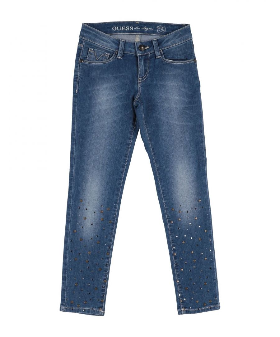 denim, faded, studs, logo, solid colour, medium wash, mid rise, front closure, button, zip, multipockets, stretch, straight-leg pants