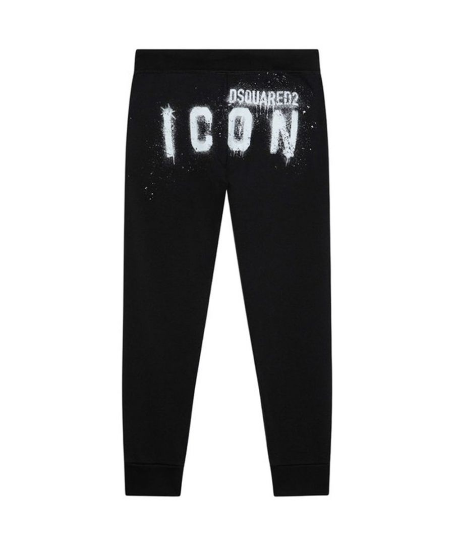 These Dsquared2 Boys Icon Logo Joggers in Black are crafted from cotton and feature an elasticated waistband with drawstring fastening and the Icon spray paint effect logo at the back.\n\nElasticated waistband\ndrawstring\nPain effect logo