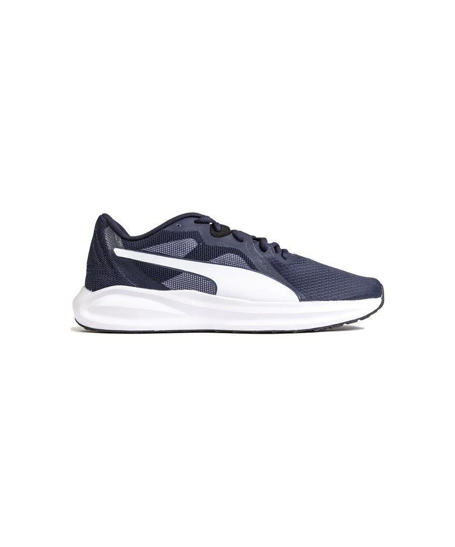 Mens blue Puma twitch runner trainers, manufactured with textile and a eva sole. Featuring: mesh upper, softfoam+ comfort, cushioned eva sole and branding on tongue & heel.