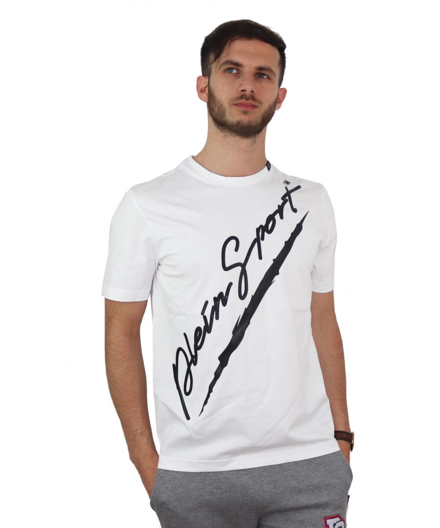 T-shirt en coton pour homme Plein Sport avec impression en relief sur le devant et logo en relief dans le dos.