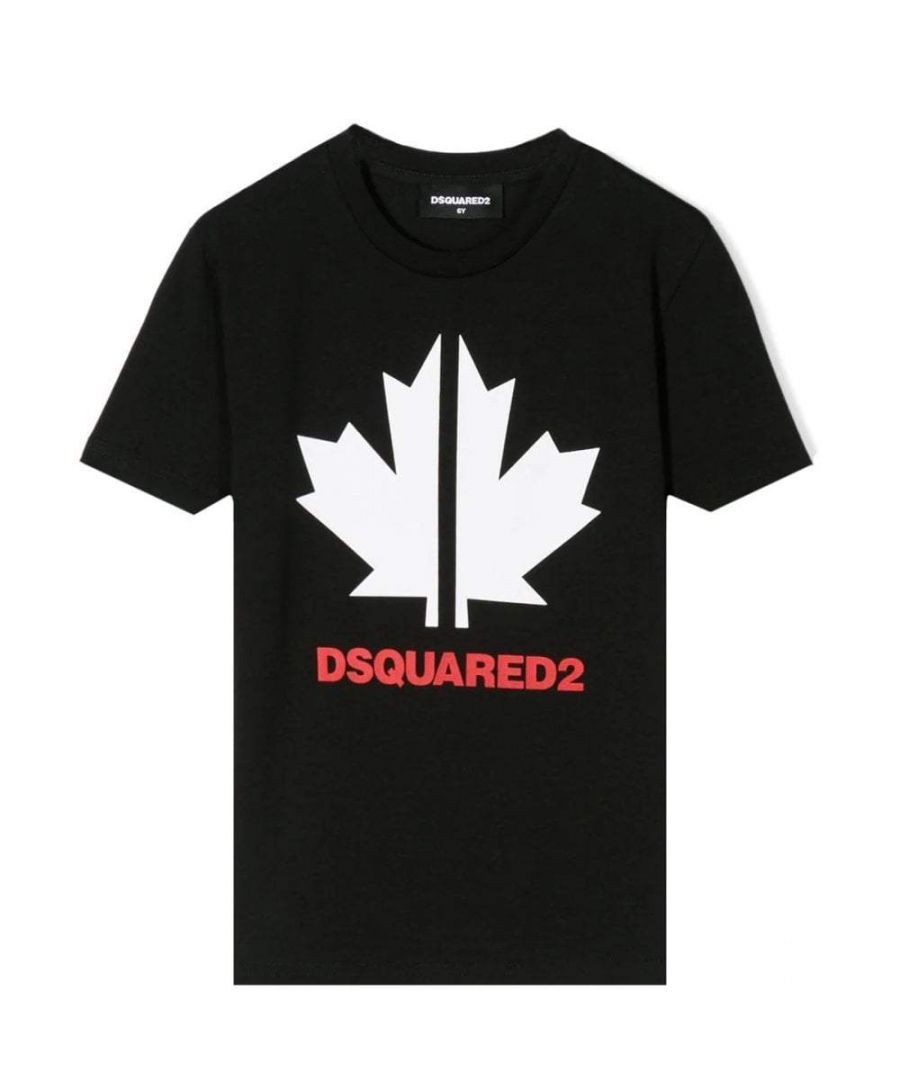 This black T-shirt from Dsquared features the a mirrored maple leaf logo with Dsquared2 underneath.