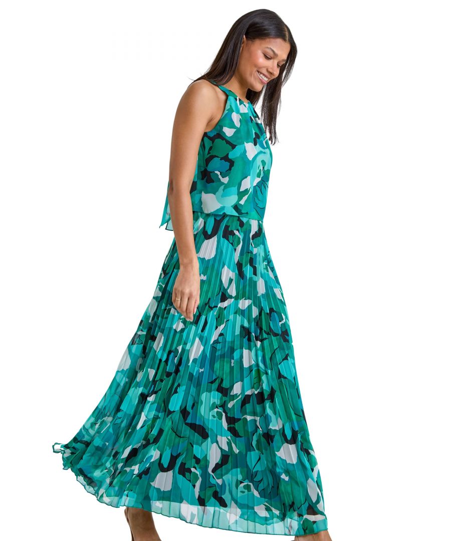 Roman Womens Swirl Print Pleated Halterneck Maxi Dress - Green - Size 18 Uk