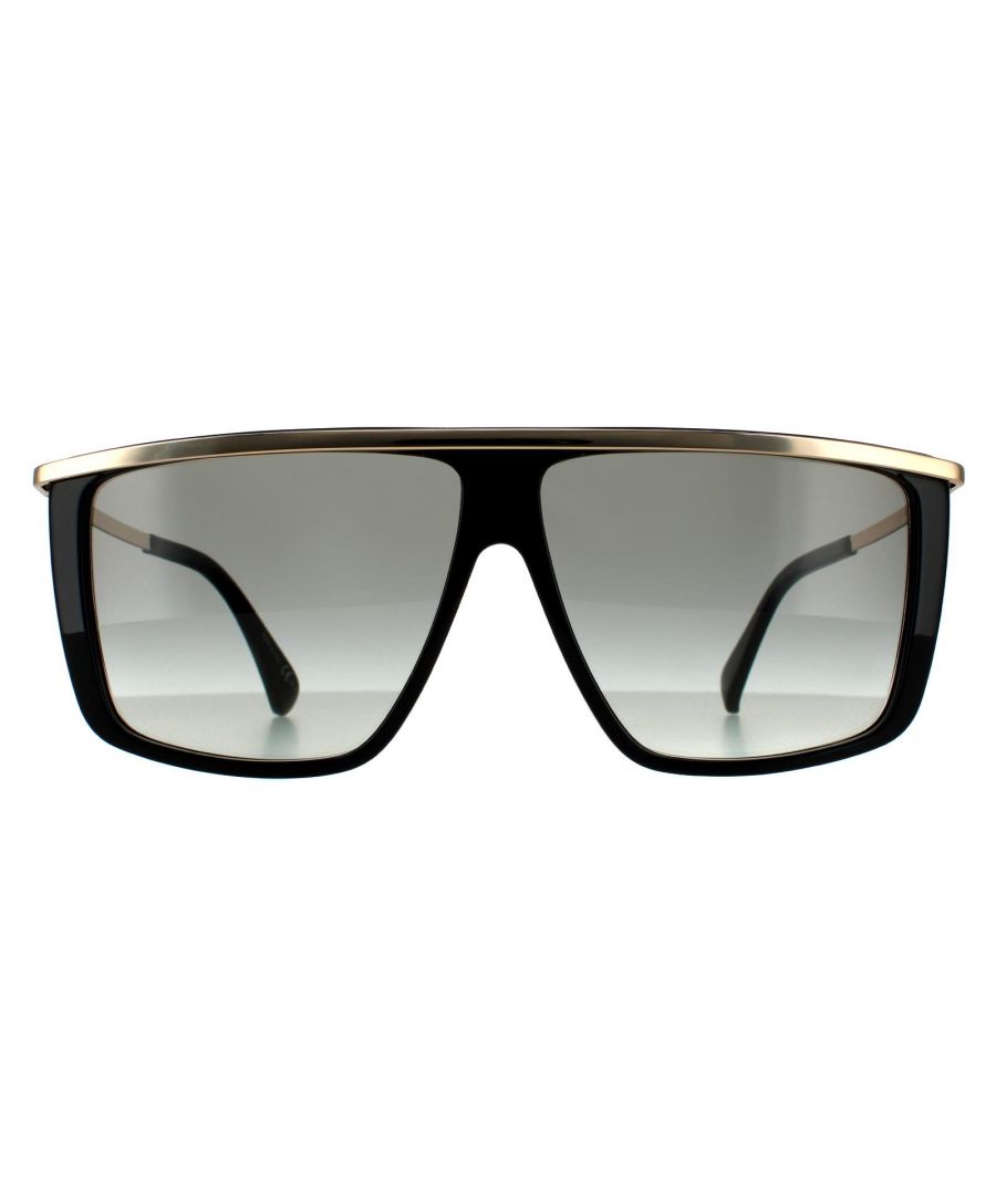 Givenchy Shield Womens Black Gold Dark Grey Gradient 90041091 Givenchy are a contemporary shield style with a flat frame top, a chunky frame front and ultra thin metal temples with the Givenchy logo.