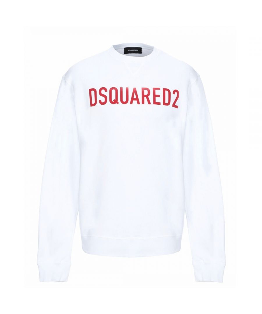 Dsquared2 Red Logo Print White Sweater. Dsquared2 S71GU0294 S25030 100 Jumper. 100% Cotton, Made In Italy. Crew Neck, Long Sleeves. Large Punk N Roll Logo Print. Elasticated Neck, Sleeve Ends and Bottom