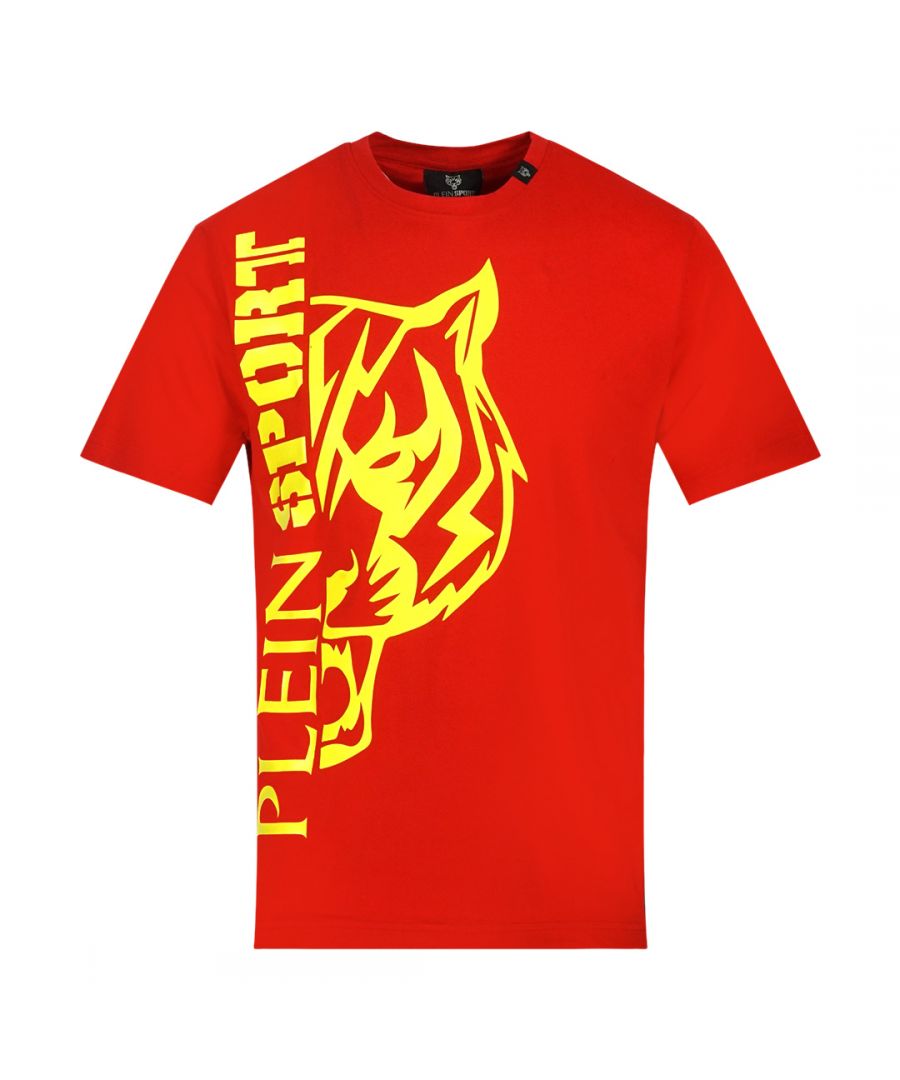 Plein Sport Tiger Side Logo rood T-shirt. Philipp Plein sport rood T-shirt. Normale pasvorm, valt normaal qua maat. Plein Sport-merklogo. 100% katoen. Stijlcode: TIPS1122 52