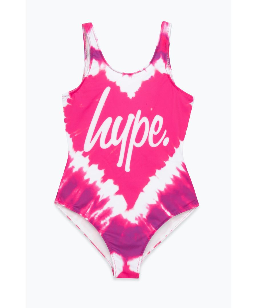 Swim is in. Meet the HYPE. Girls Pink Tie Dye Swimsuit, the ultimate girls swimsuit you'll want to wear everyday of summer, autumn, winter and spring. Designed in our standard kids swimsuit shape, boasting an all over pink tie dye heart print and the iconic HYPE. script logo in contrasting white. Wear with HYPE. sliders, swimming goggles and a beach towel in hand. Machine wash at 30 degrees.