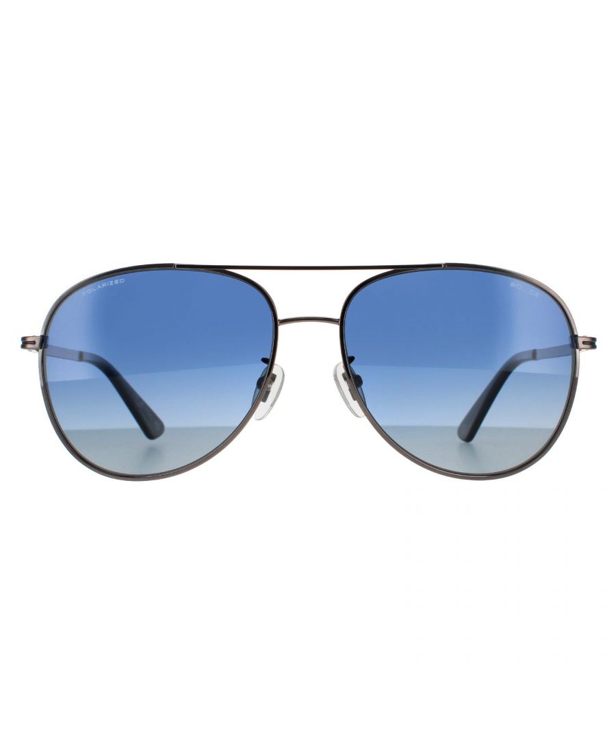 Police Aviator Mens Shiny Gunmetal Blue Gradient Polarized  SPL777N are a aviator style from Police with a grooved bridge and a prominent top brow bar. The frame is lightweight and the adjustable nose pads will help make it a comfortable fit.