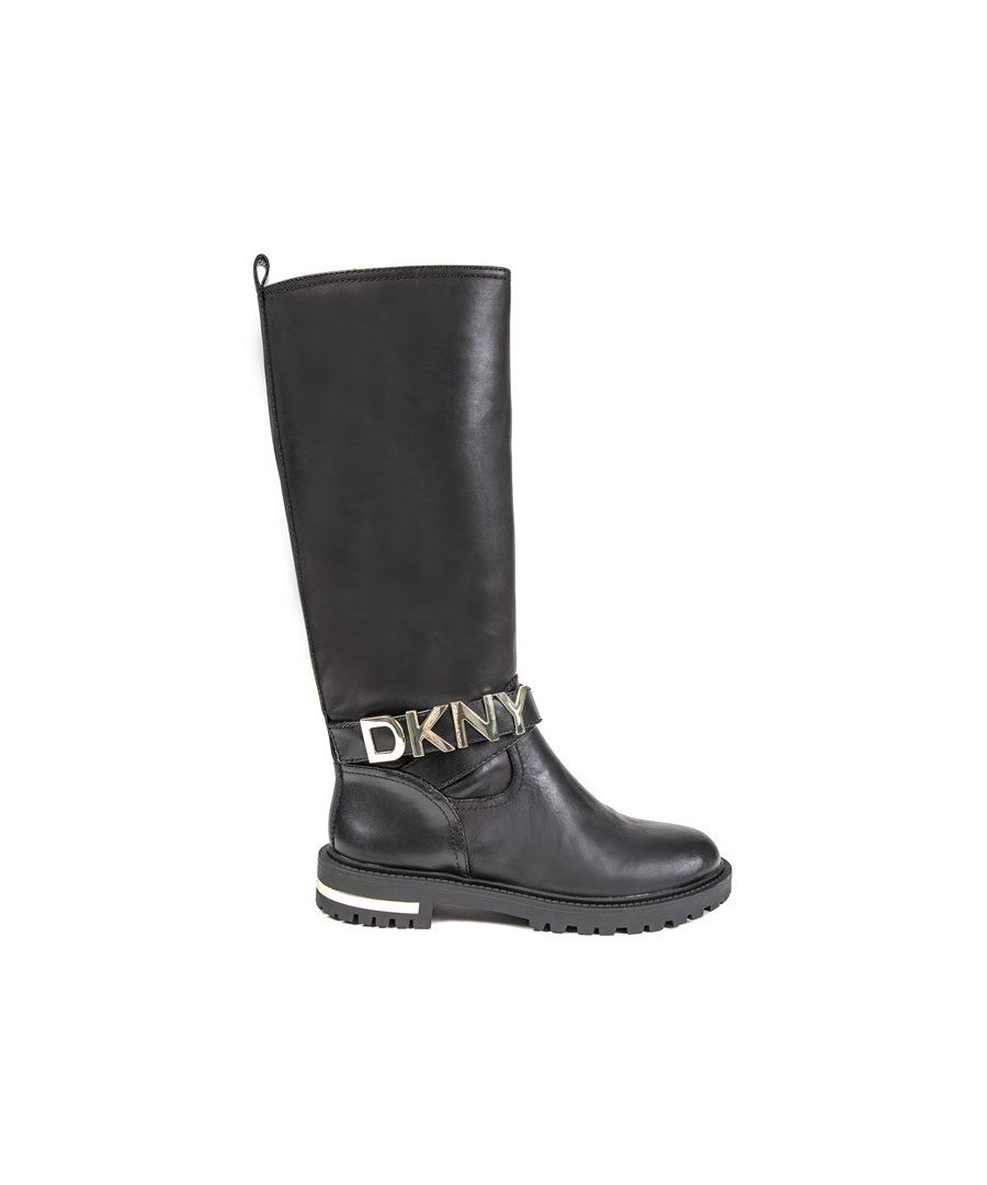 Women's Black Dnky Delanie Knee High Leather Boots With Oversized Gold Logo Ankle Strap, Matching Heel Cage Detail, And Inside Zip. These Ladies' High Boots Have A Leather Lining And Rubber Lugged Sole.