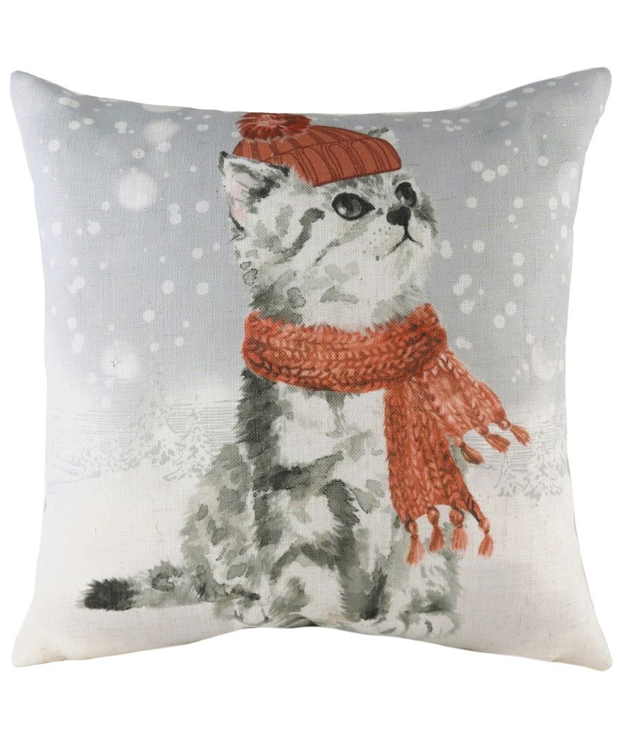 Evans Lichfield Snowcat With Scarf Watercolour Printed Cushion Cover - Multicolour - Secret Sales