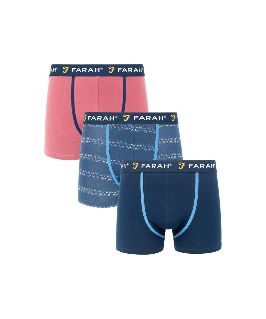 Update your wardrobe essentials with this 3-pack 'Planada' boxers from Farah. Made from Cotton Blend fabric for breathable and comfortable wear all-day. This set includes two plain pairs of boxers and one pair with stripe pattern. The boxers have a repeat-logo elasticated waistband. Available in other colours.