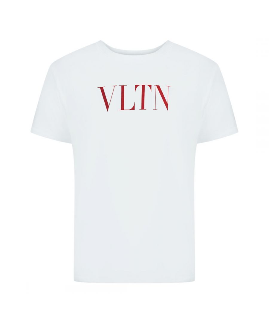 Valentino VLTN Logo White T-Shirt. This Valentino T-Shirt features Large Branded logo, printed on a comfortable cotton-blend short-sleeved tee. Perfect for casual wear or everyday occasions.. Regular Fit Style, Fits True To Size, Valentino White Tee. 100% Cotton, White tee With Short Sleeves. Valentino Design On Front, Crew Neck. SV3MG10V3LE A33