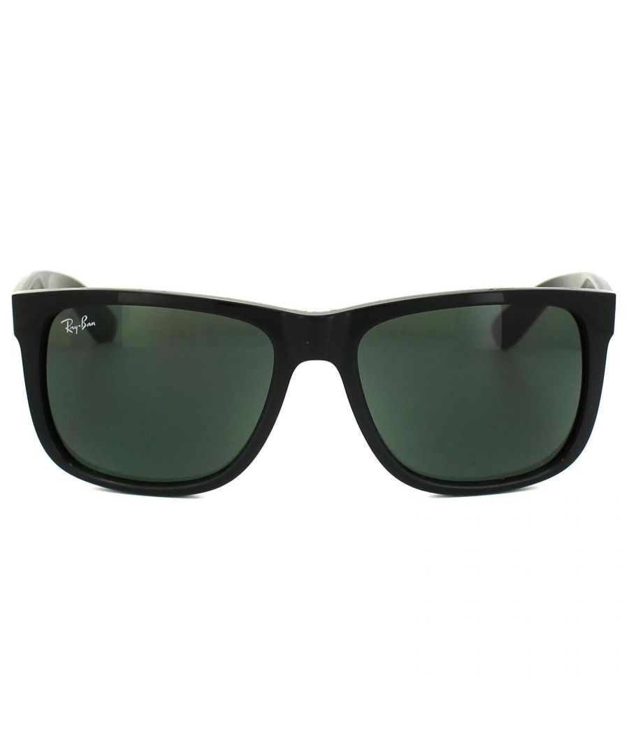 Ray-Ban Sunglasses Justin 4165 601/71 Shiny Black Green are inspired by   the Original Wayfarer 2140 and are one of the coolest designs throughout   the entire Ray-Ban collection. Justin is a bold style that features large,   boxy lenses that suit most face shapes and they share the same winged   temples as the classic 2140. The propionate plastic frame is super   lightweight for comfort and theyâ€™re available in bright, fresh colours as   well as the traditional choices. The Ray-Ban Justin is part of the   Highstreet collection and are therefore a more affordable choice.