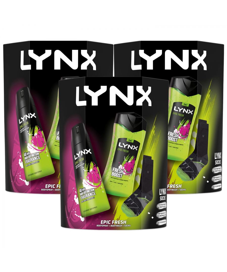 Lynx Epic Fresh Bodyspray Deo & Bodywash 2pcs Gift Set For Men with Socks, 3pk\n\nSo, you need to get him a gift. Something he’ll actually use. Something like... a LYNX Gift Set. A gift so popular it’s a living legend. It’s the front runner. An absolute winner of a gift. It’s the LYNX Epic Fresh Duo & Socks Gift Set. Son, brother, husband, dad, uncle, cousin... whoever you’re buying for, there’ll be no fake happiness when he unwraps this bad boy. Trust us. Teaming full-size LYNX Epic Fresh Bodyspray and Bodywash together, this set of gifts for him features a vibrant grapefruit and tropical pineapple scent to help him kick-start his day with a powerful blast of zesty freshness. The gift set comes complete with a pair of LYNX Epic Fresh socks to match the stylish scent.\n\nBody Spray 150ml: The bodyspray has got him covered with its 48-hour high-definition fragrance. Our revolutionary dual-action technology fights odour-causing bacteria to help him bust odour and smell incredible for 48 hours.\n\nBodywash 225ml:  The body wash washes away odour, leaving him to decide how to play his 12 hours of freshness. Plus, it contains 100% plant-based moisturisers for naturally soft and silky skin. The body wash is a 3-in-1 body, face, and hair wash that delivers a boost of freshness to kick-start his day. LYNX Epic Fresh Shower Gel transforms your shower from ordinary to extraordinary with a fresh boost.\n\nLynx Socks: The gift set comes complete with a pair of LYNX Epic Fresh socks to match the stylish scent. Epic Fresh designs socks add a subtle pattern to any outfit.\n\nHow to Use:\n\nBody Wash: Squeeze some body wash into your hand. Work it into a lather with wet hands and massage all over your skin.\nBodyspray: Hold the can 15cm from the body and spray.\n\nGift Set Includes: \n1x Lynx Epic Fresh Bodywash 225 ml \n1x Lynx Epic Fresh Bodyspray 150 ml\n1x Lynx Epic Fresh socks